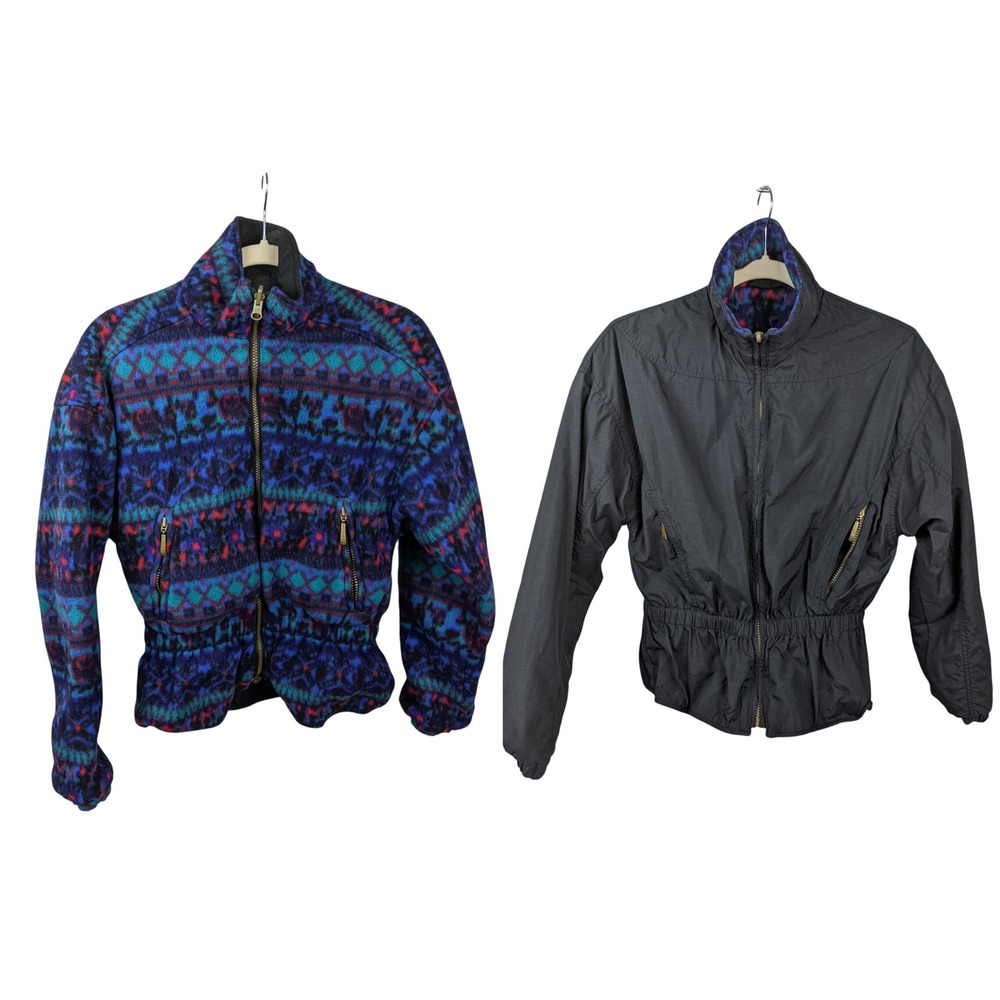 Nordica Classics Reversible Jacket Womens 6 Blue Fair Isle Fleece Black Nylon
